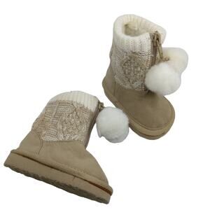 Baby Winter Booties Size 2 Beige and Tan Pom Poms Zipper Closure